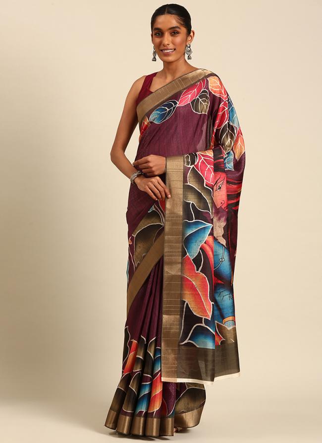 Cotton Dark Pink Casual Wear Printed Saree